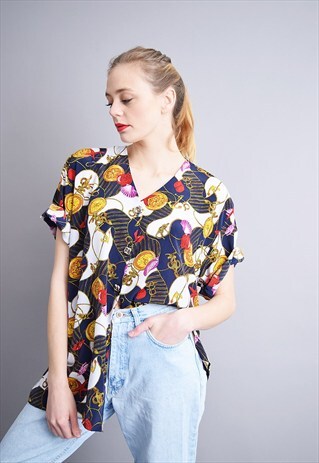 80'S RETRO HIPPIE ABSTRACT NAUTICAL OVERSIZED SHIRT TOP