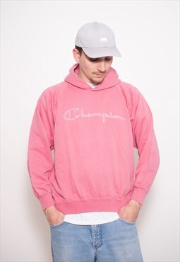 Vintage Champion 80s Spellout Pink Hoodie Jumper Pullover