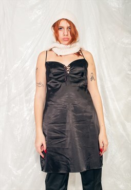 Vintage Slip Dress Y2K Lace Up Babydoll in Black Satin