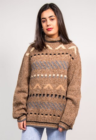 VINTAGE 90'S BEIGE PATTERN GRUNGE ROLL NECK JUMPER