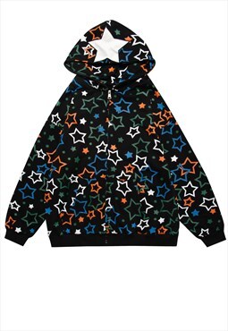 Star hoodie distressed 70 retro pattern sky pullover black