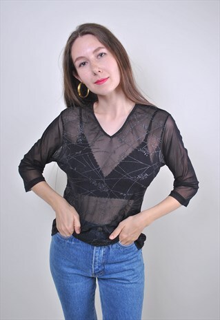 VINTAGE BLACK TRANSPARENT PATTERN WOMEN BLOUSE, SIZE M