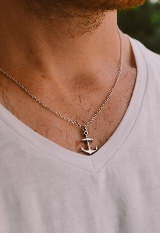 SILVER ANCHOR NECKLACE FOR MEN STAINLESS STEEL CHAIN OCEAN