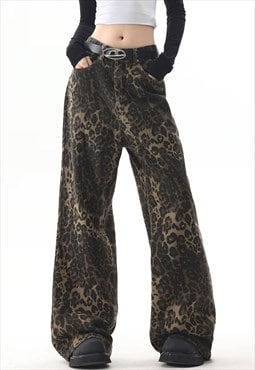 Long leopard jeans animal print denim trousers cheetah pants