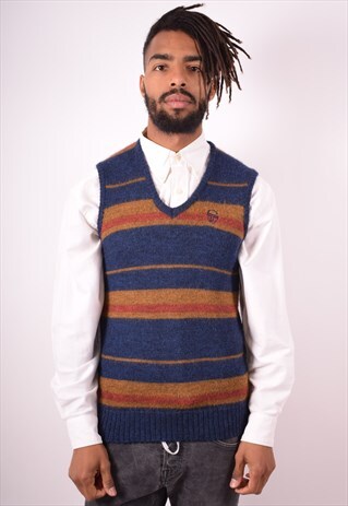 SERGIO TACCHINI MENS VINTAGE GILET MEDIUM BLUE STRIPES 90S