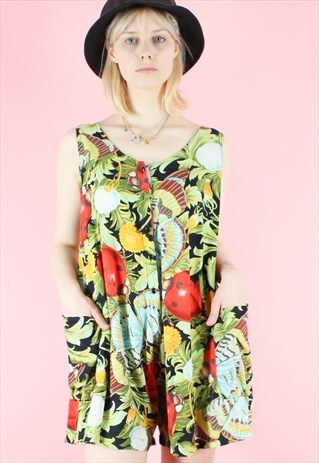 VINTAGE 90S PLAYSUIT JUMPSUIT GREEN RED FLORAL PRINT