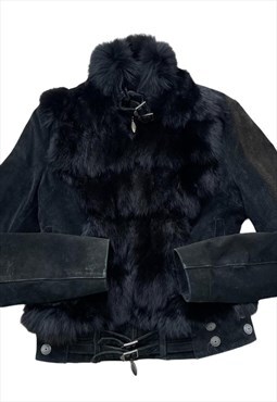 Vintage Y2k Fur Suede Bomber Jacket Grunge Black