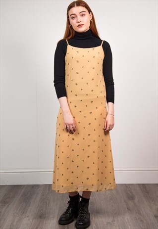 VINTAGE 90'S PEACH FLORAL STRAPPY MIDI DRESS