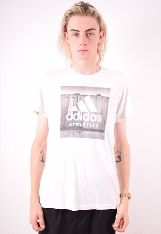 ADIDAS MENS VINTAGE T-SHIRT TOP MEDIUM WHITE 90S