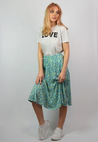 VINTAGE 90S HIGH WAISTED GREEN PRINT SUMMER MIDI SKIRT