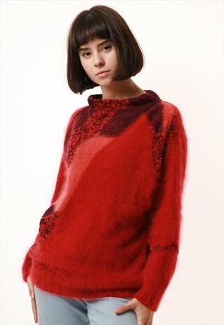 80S VINTAGE RED PARTY HANDKNITTED WOOL MOHAIR JUMPER 1075