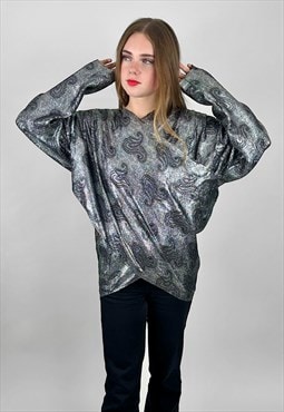 80's Vintage Silver Black Paisley Lurex Draped Batwing Top