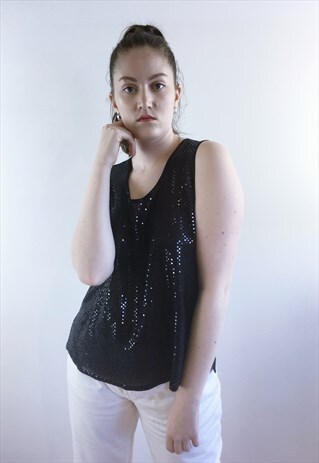 WOMENS VINTAGE 80S VEST TOP BLACK SPARKLY SEQUIN LOOK TOP
