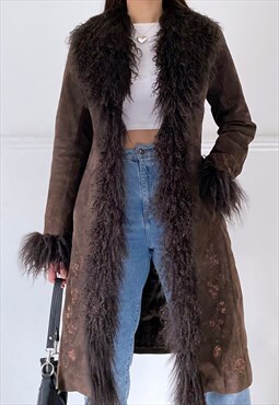 Vintage y2k brown suede fur afghan coat 
