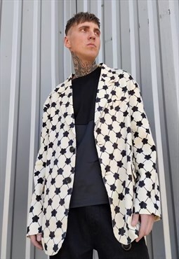 Black daisy print blazer floral check graphic jacket cream