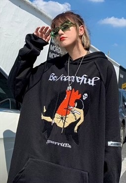 Witch fleece patch hoodie Bondage slogan pullover in black