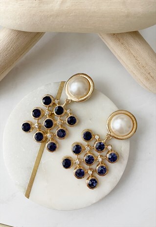 Gold Diamante Drop Doorknocker Blue Faux Pearl Earrings