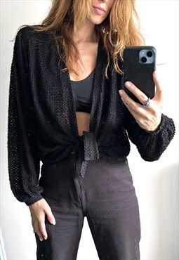 90s Cropped Black textured Deep V Neck Top Blouse M L