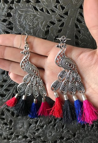 SILVER PEACOCK TASSEL EARRINGS BOHEMIAN MULTICOLOUR