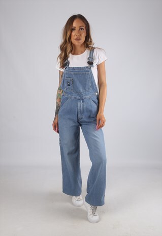 VINTAGE DENIM DUNGAREES PETITE WIDE LEG UK 10 SMALL (G2S)