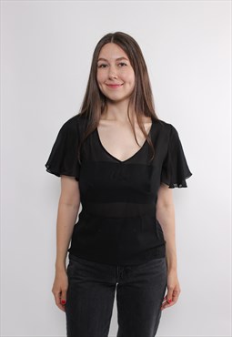 90s v-neck sheer blouse, vintage summer mesh top in black