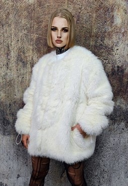 Collarless faux fur coat luxury fleece jacket catwalk bomber