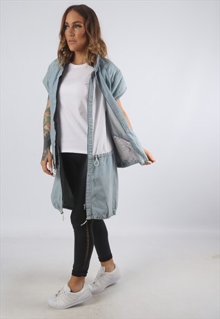 VINTAGE DENIM JACKET LONG BOMBER SLEEVELESS UK 8 XS (A93Q)