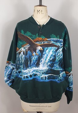 Vintage Grandad Collar Eagle Graphic Sweatshirt w/Pockets