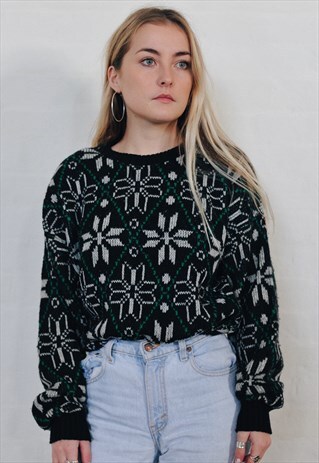 VINTAGE 90'S ABSTRACT PATTERN NORDIC BLACK KNIT JUMPER