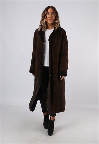 SHEEPSKIN SUEDE LEATHER SHEARLING LONG COAT UK 16 (B92E)