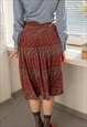 VINTAGE 70'S RED PATTERNED PLEATED MIDI HIGH WAISTED SKIRT