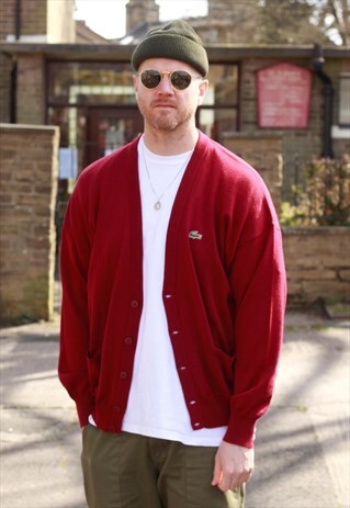 80S CHEMISE LACOSTE BURGUNDY CARDIGAN MADE IN FRANCE