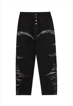 Faux leather patch jeans wide denim cargo pants in black