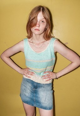 Vintage Y2K striped crochet tank top in light blue
