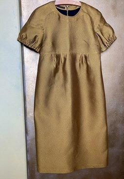 Gold Burberry Midi Dress with Short Puff Sleeves  Size S/M