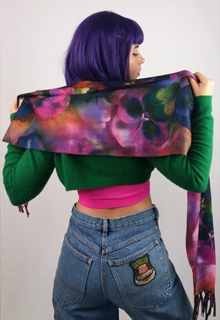 VINTAGE THERMAL FRINGE SCARF FLOWERS ORCHIDS PRINT