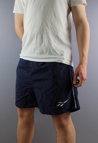 VINTAGE REEBOK SHORTS IN NAVY WITH POCKETS, EMBROIDERED LOGO