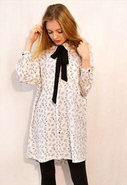 Black white Leaves print shirt dress with scarf oversize fit