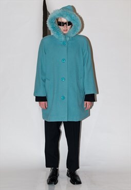 90's Vintage iconic wool winter coat with cape in turquoise 