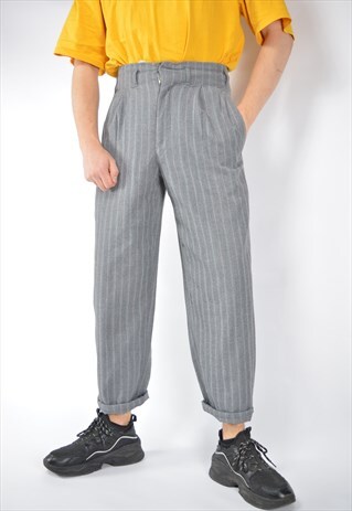 VINTAGE GREY STRIPED CLASSIC 80'S STRAIGHT SUIT TROUSERS