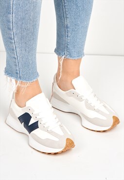Flexi Two-Tone PU Detail Lace-up Trainers in White / Navy