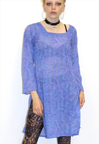 VINTAGE 80S LILAC ABSTRACT SHEER SHIRT DRESS SUMMER FESTIVAL