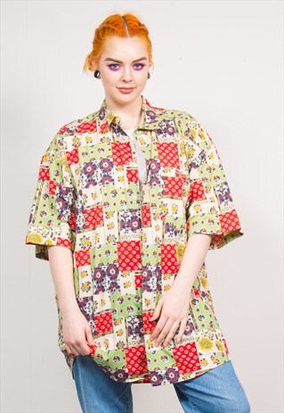 VINTAGE 90'S MULTICOLOUR TILE FLORAL PATTERN OVERSIZED SHIRT
