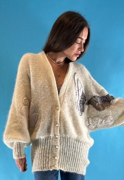 Vintage 1980s Handmade Embroidered Seagull Mohair Cardigan