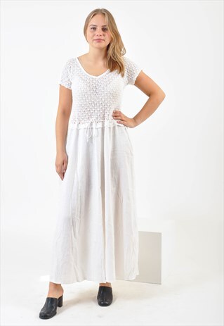 VINTAGE 90S MAXI LINEN DRESS IN WHITE