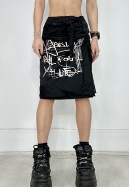 Vintage Y2k Skirt Midi Graffiti Print Toggle Cargo Punk Goth