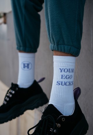 SOCKS IN WHITE WITH YOUR EGO SUCKS SLOGAN