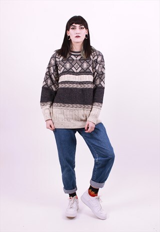 VINTAGE 80'S GREY CRAZY PATTERN GRANDAD JUMPER SIZE LARGE