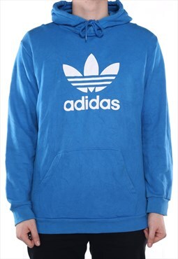 Adidas - Blue Printed Spellout Hoodie - Large
