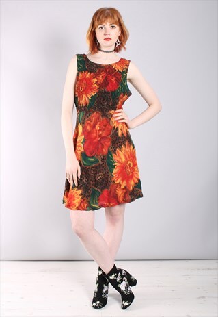 VINTAGE 80S FLORAL LEOPARD PRINT RUCHED MINI SHIFT DRESS